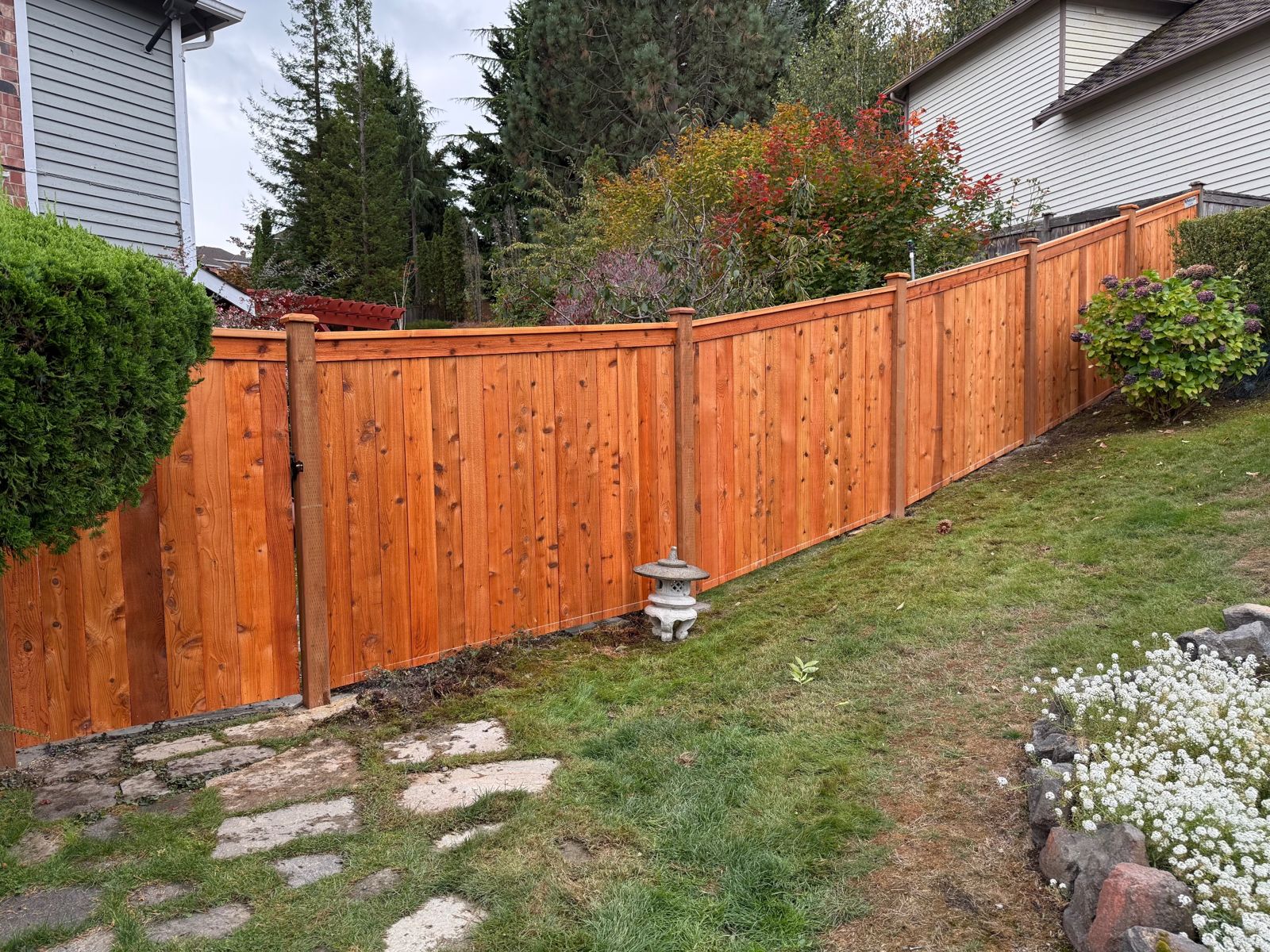 Modified cedar picture frame privacy fence with gate installed in Federal Way, WA, photo 12